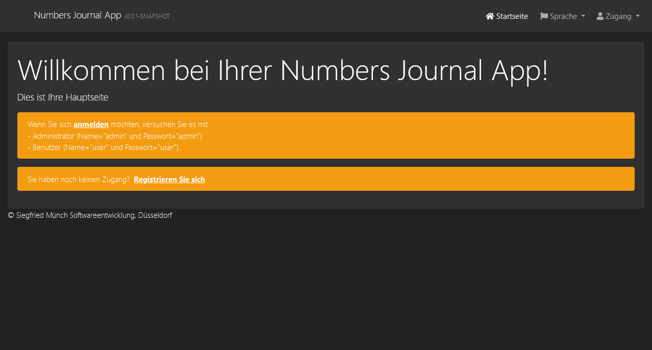 Numbers Journal Software im Browser zeigt die Hauptseite