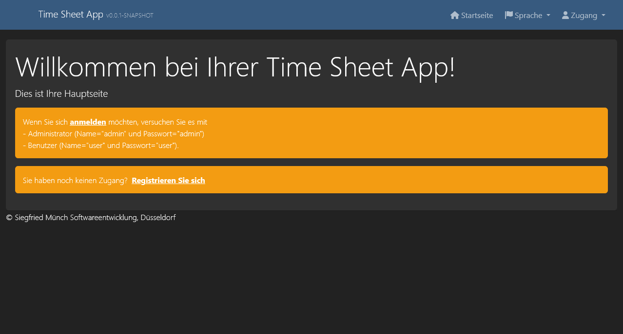 Time Sheet Software im Browser zeigt Hauptseite
