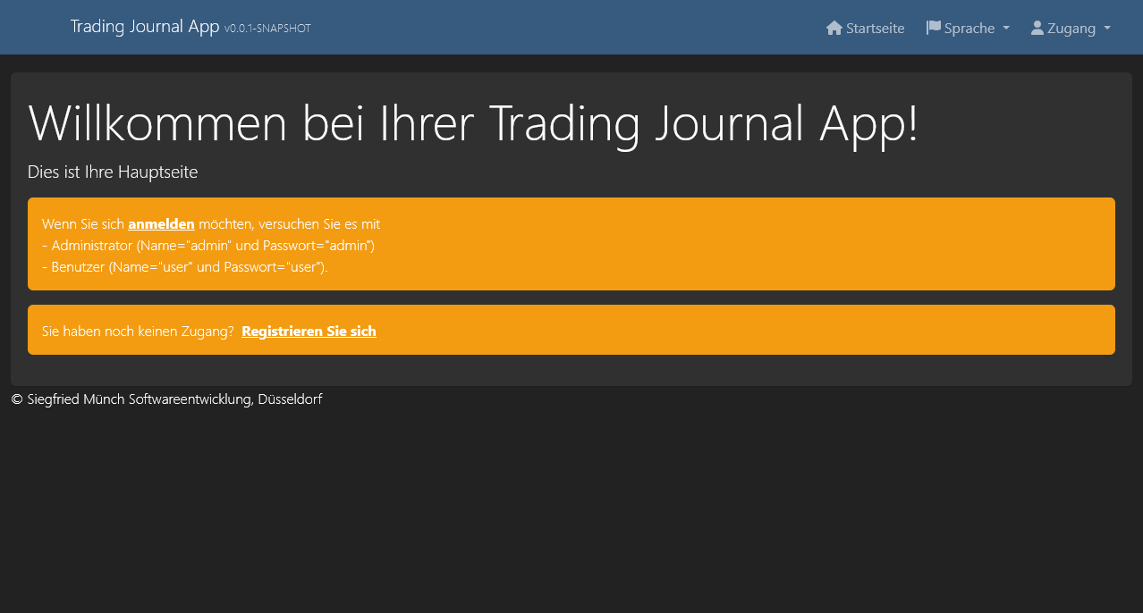 Trading Journal Software im Browser zeigt die Hauptseite