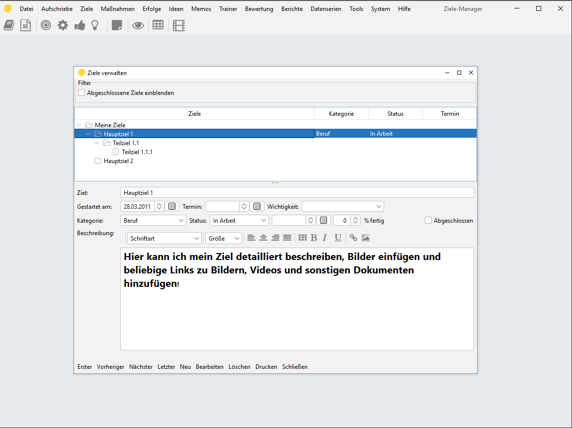 Ziele-Manager Desktop mit Fenster für die Ziele-Verwaltung im hellen Farbschema